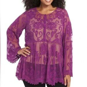 Lane Bryant Embroidered Sheer Babydoll Top